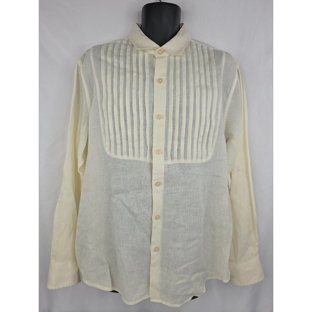 Tommy Bahama Mens Cream Button Down Pintuck Front Linen Shirt Size Large AH-1415